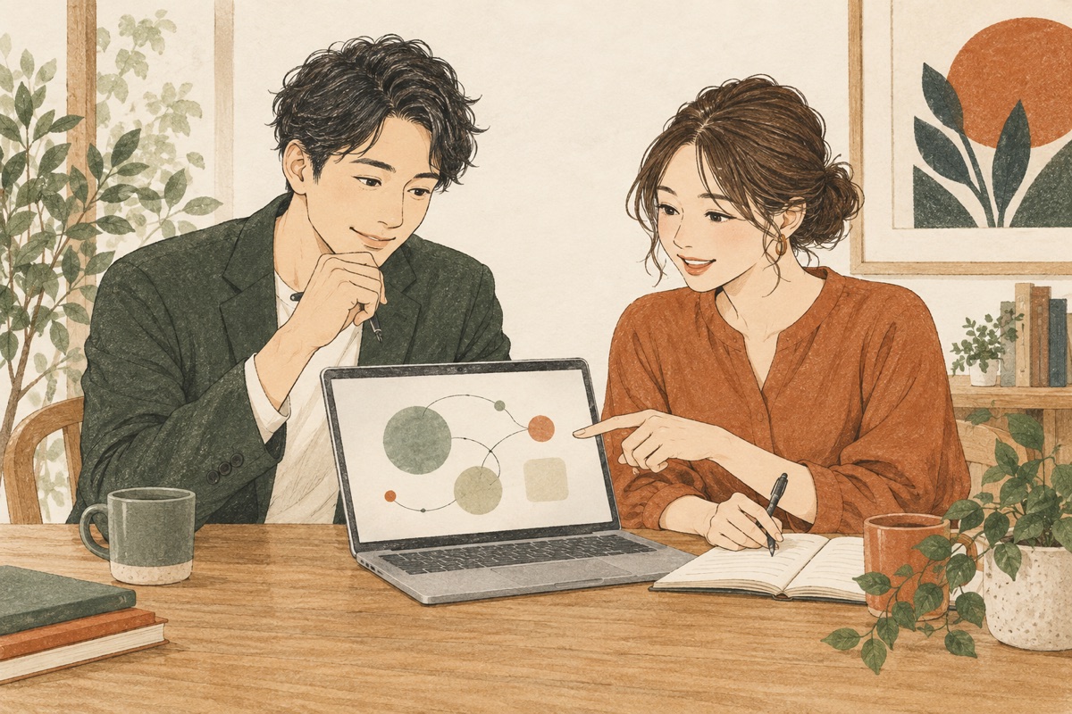 ノートパソコンを見ながらAI活用について相談する2人のイメージイラスト